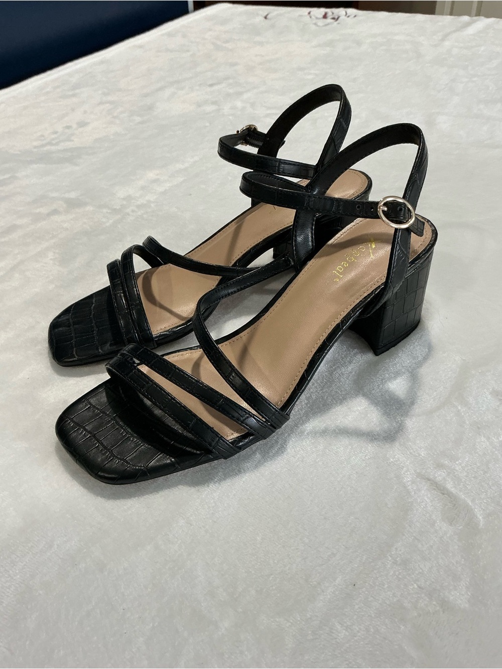 Xappeal Black Croc-Embossed Strappy Block Heel Sandals